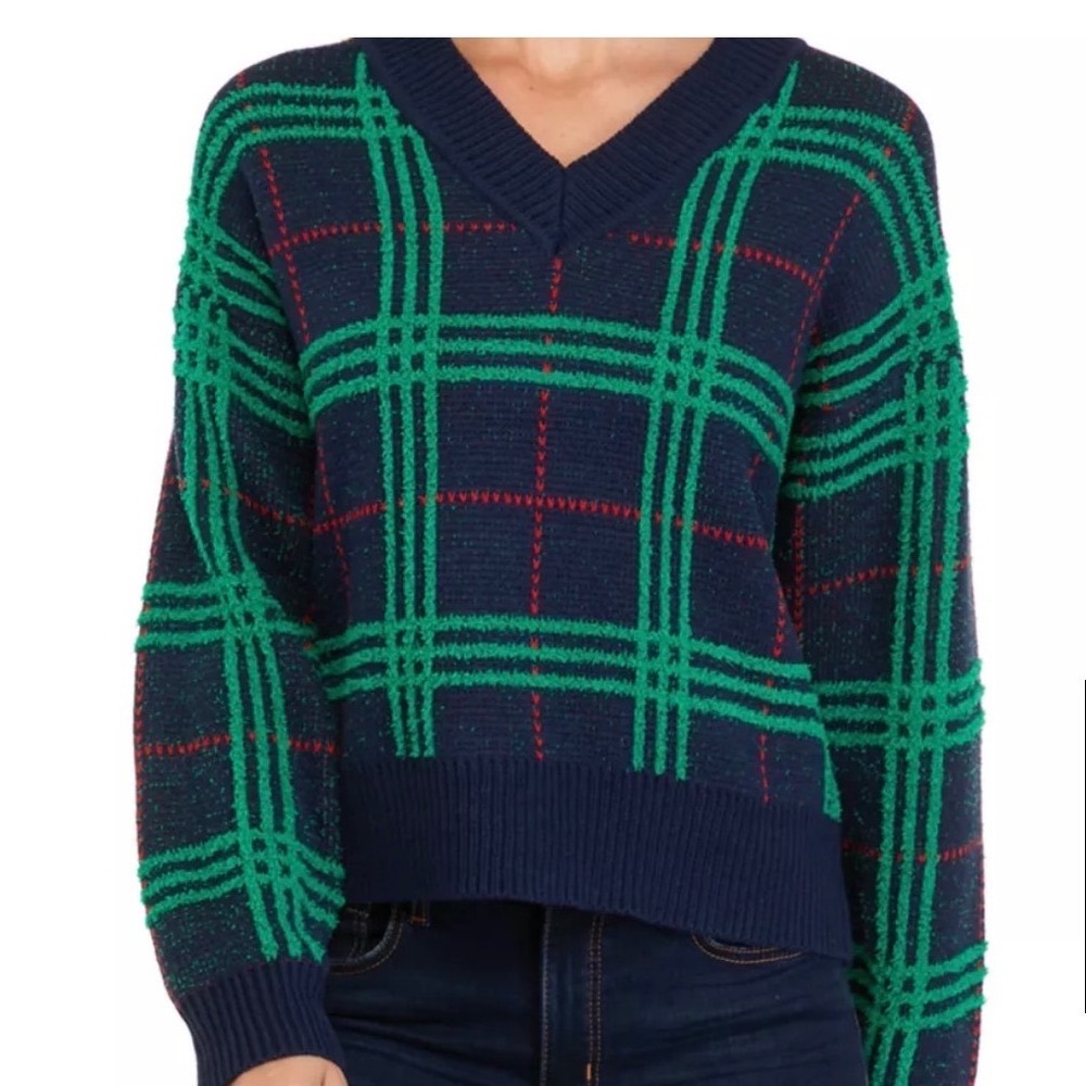 Crown & Ivy Navy Blue &‎ Green Plaid V-Neck Chenille Boxy Knit Sweater Womens PL